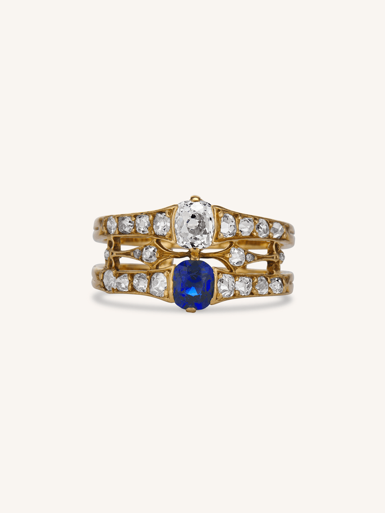 Victorian Old Mine Diamond & Sapphire Antique Twin Ring