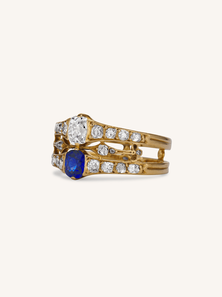Victorian Old Mine Diamond & Sapphire Antique Twin Ring