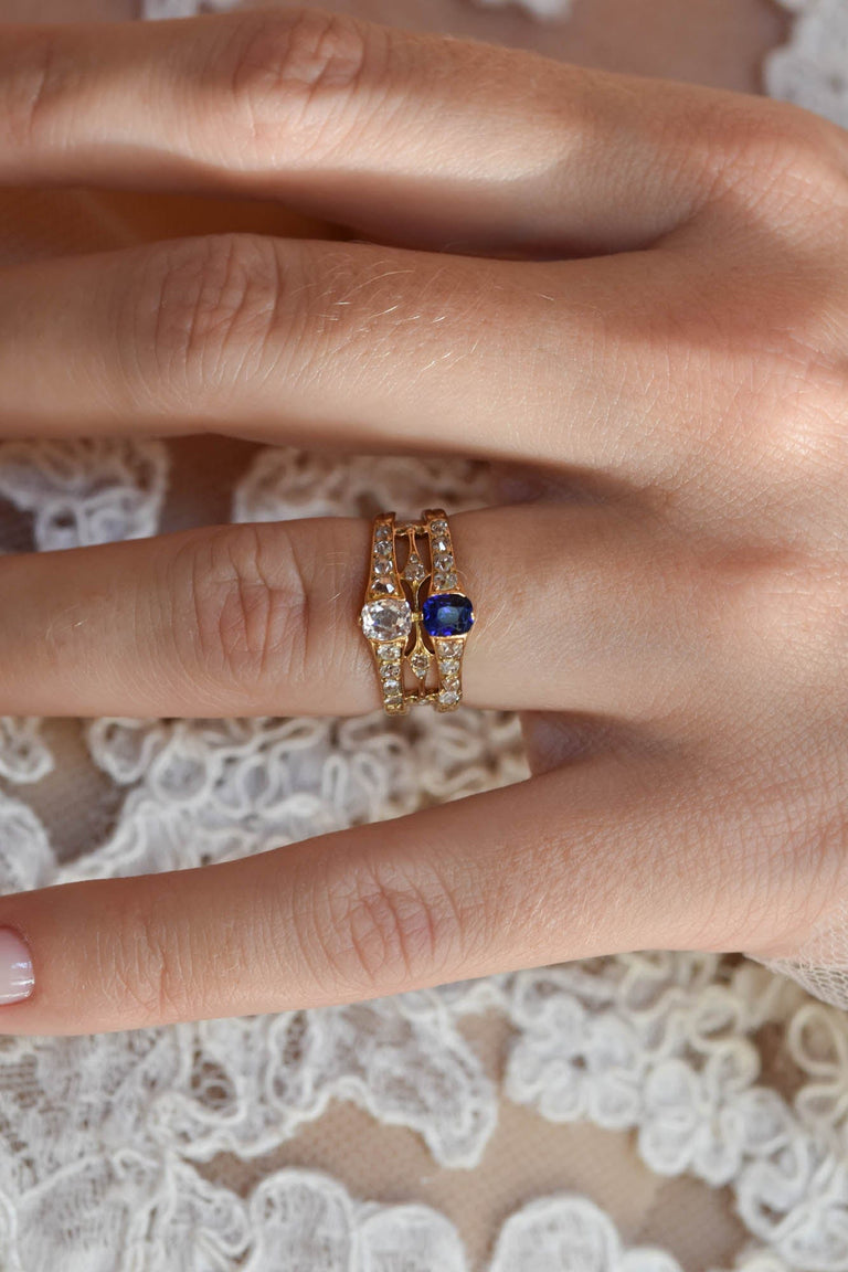 Victorian Old Mine Diamond & Sapphire Antique Gold Twin Ring