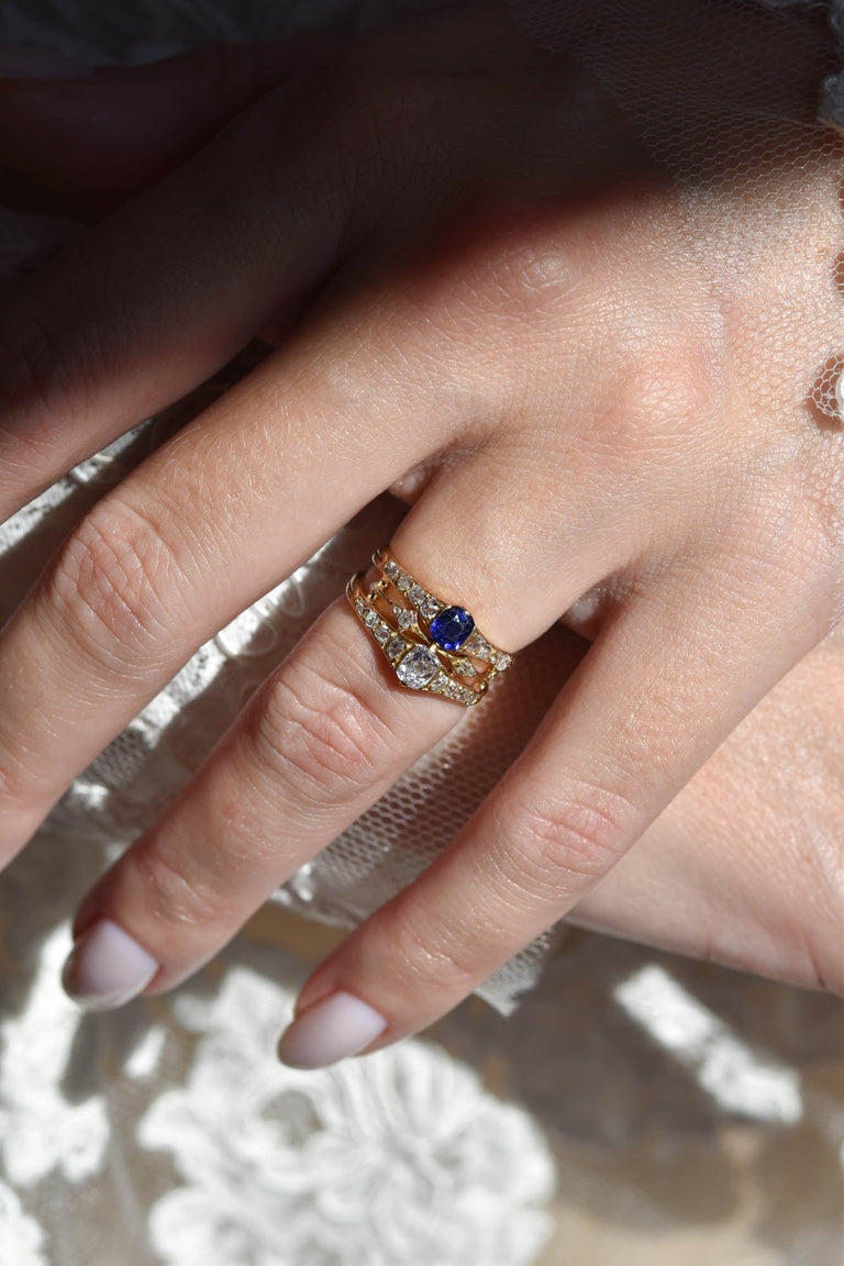 Victorian Old Mine Diamond & Sapphire Antique Gold Twin Ring