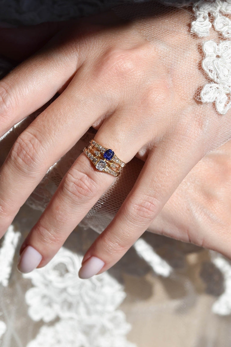 Victorian Old Mine Diamond & Sapphire Antique Gold Twin Ring