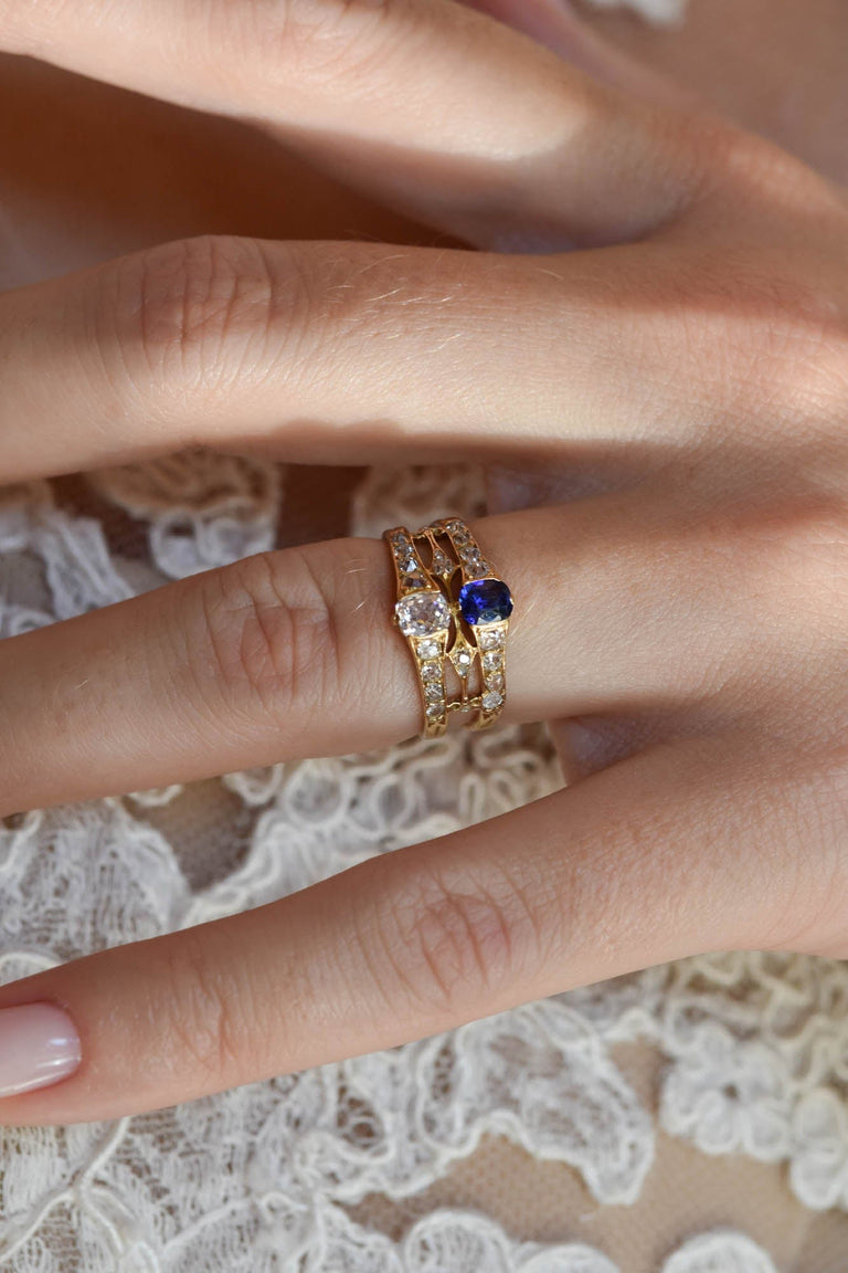 Victorian Old Mine Diamond & Sapphire Antique Gold Twin Ring