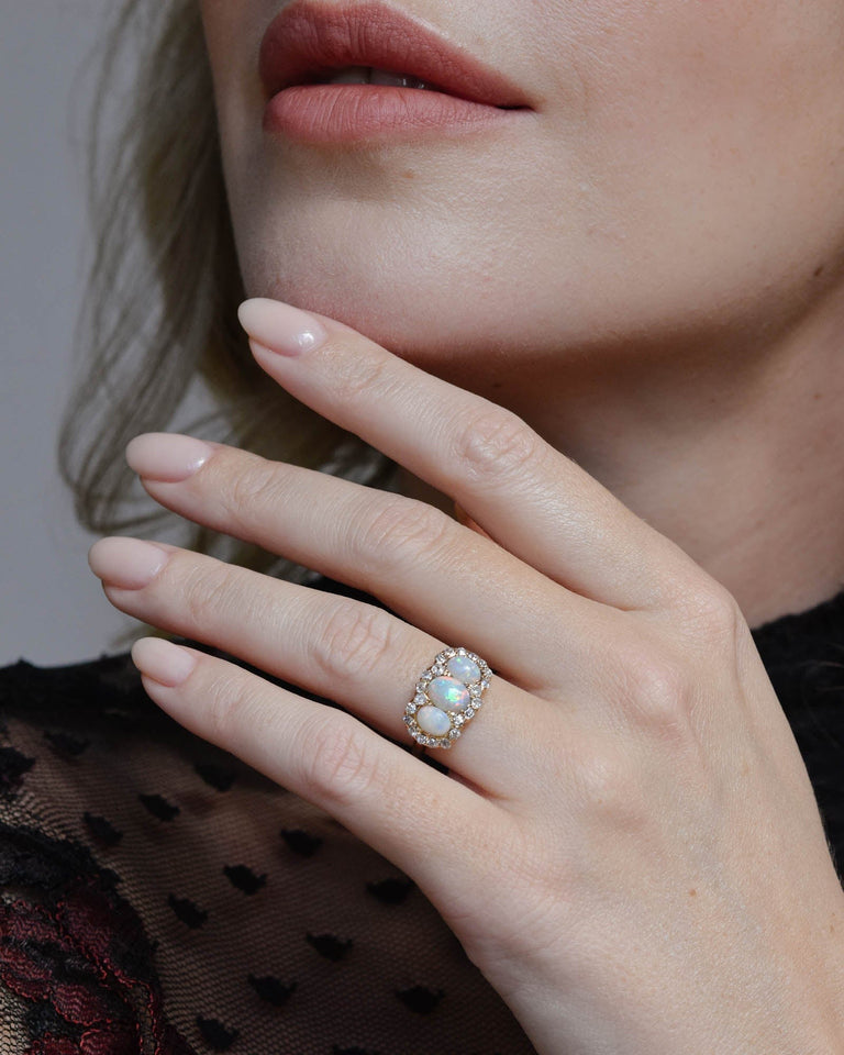 Victorian Opal & Diamond Three Stone Antique Ring