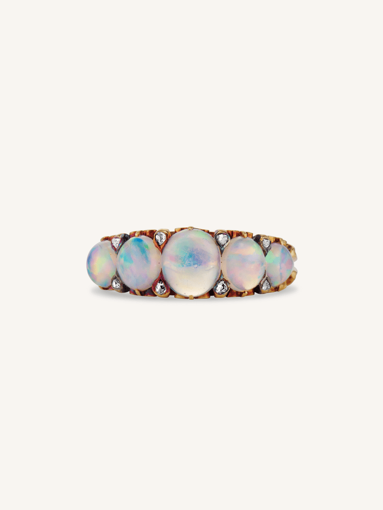 Victorian Opal & Rose Cut Diamond Carved Half Hoop Antique Ring