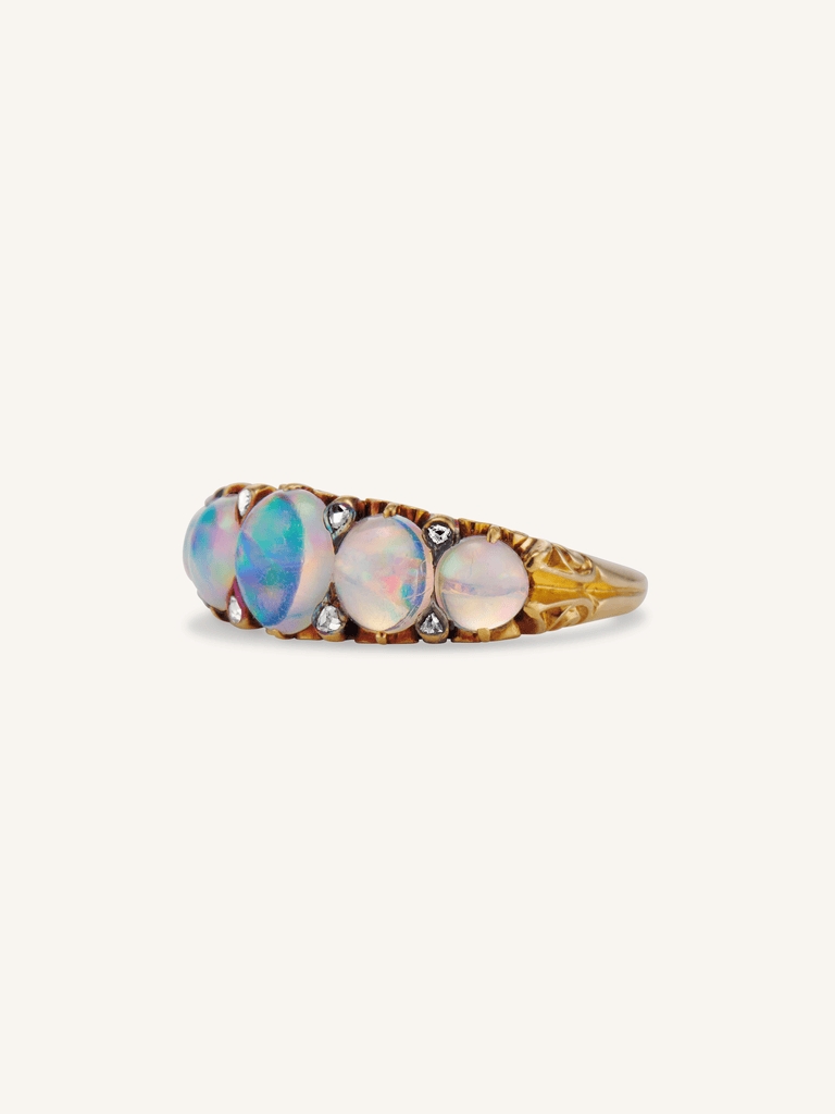 Victorian Opal & Rose Cut Diamond Carved Half Hoop Antique Ring