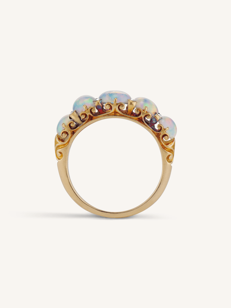 Victorian Opal & Rose Cut Diamond Carved Half Hoop Antique Ring