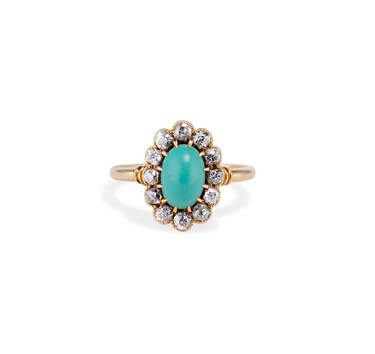 Victorian Oval Cabochon Turquoise and Diamond Cluster Ring