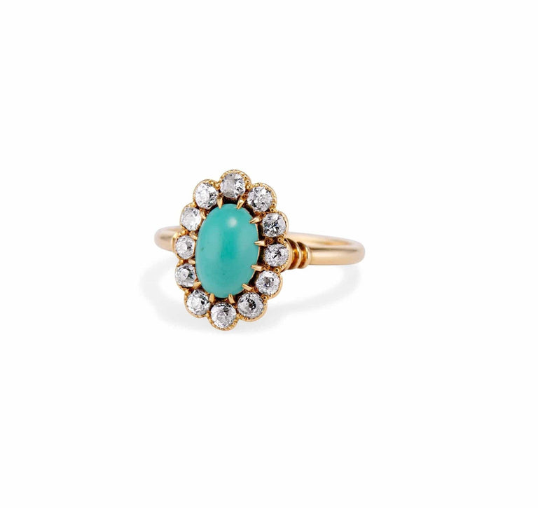 Victorian Oval Cabochon Turquoise and Diamond Cluster Ring