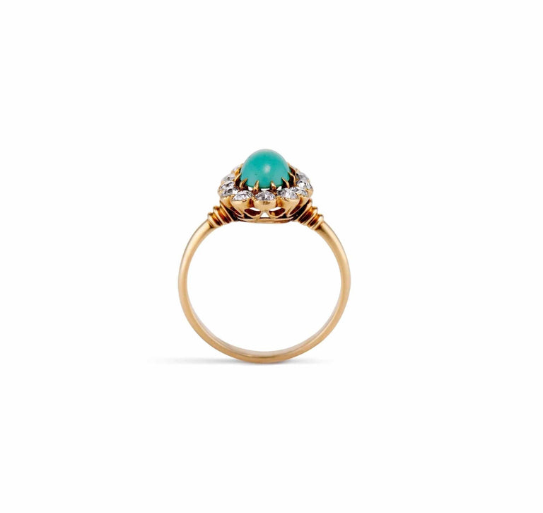 Victorian Oval Cabochon Turquoise and Diamond Cluster Ring