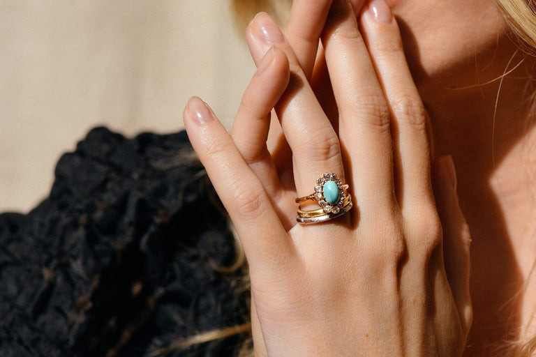 Victorian Oval Cabochon Turquoise and Diamond Cluster Ring