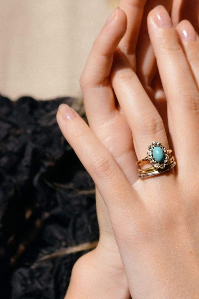 Victorian Oval Cabochon Turquoise and Diamond Cluster Ring