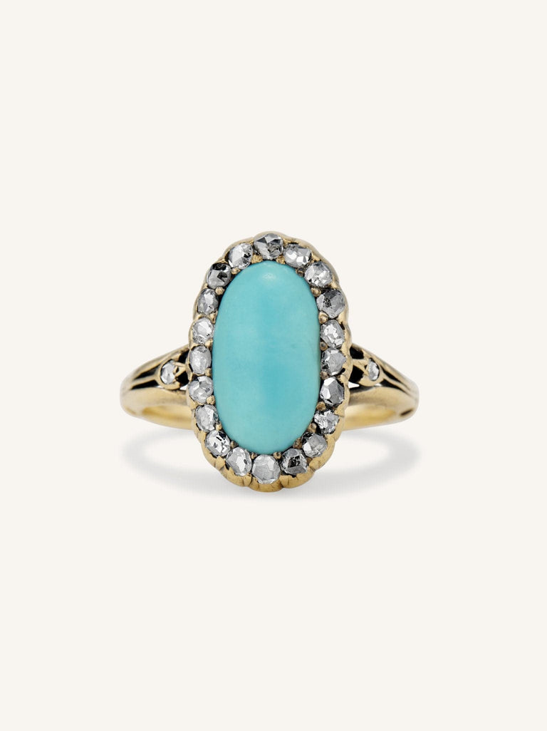 Victorian Oval Cabochon Turquoise & Diamond Cluster Ring