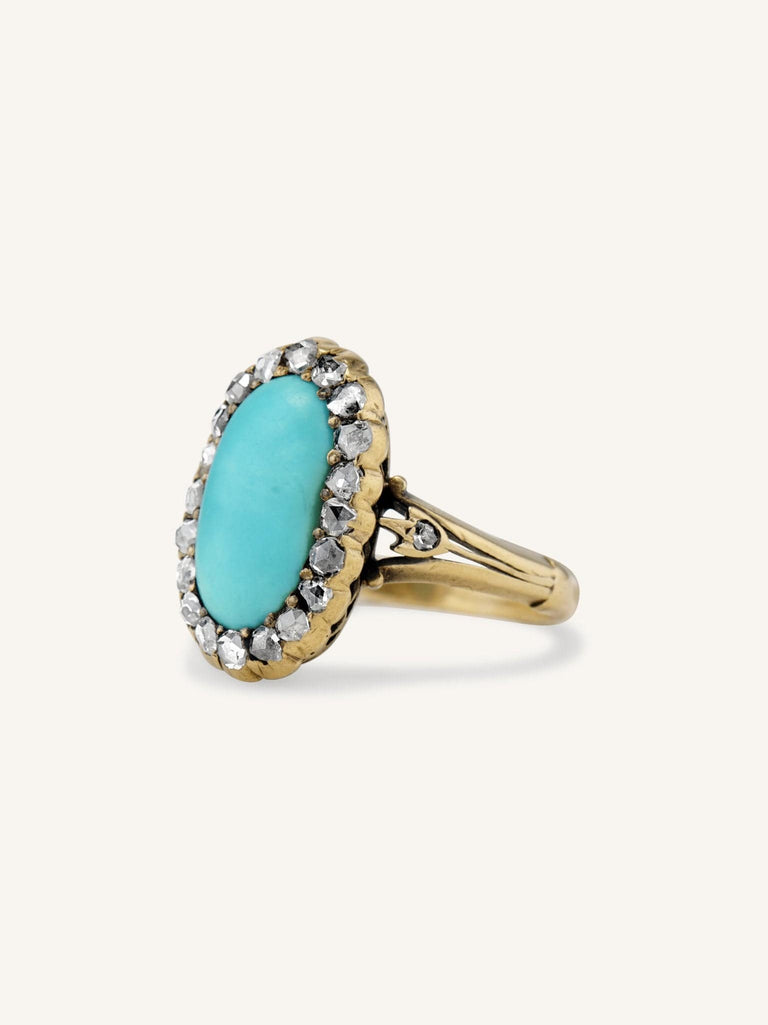 Victorian Oval Cabochon Turquoise & Diamond Cluster Ring