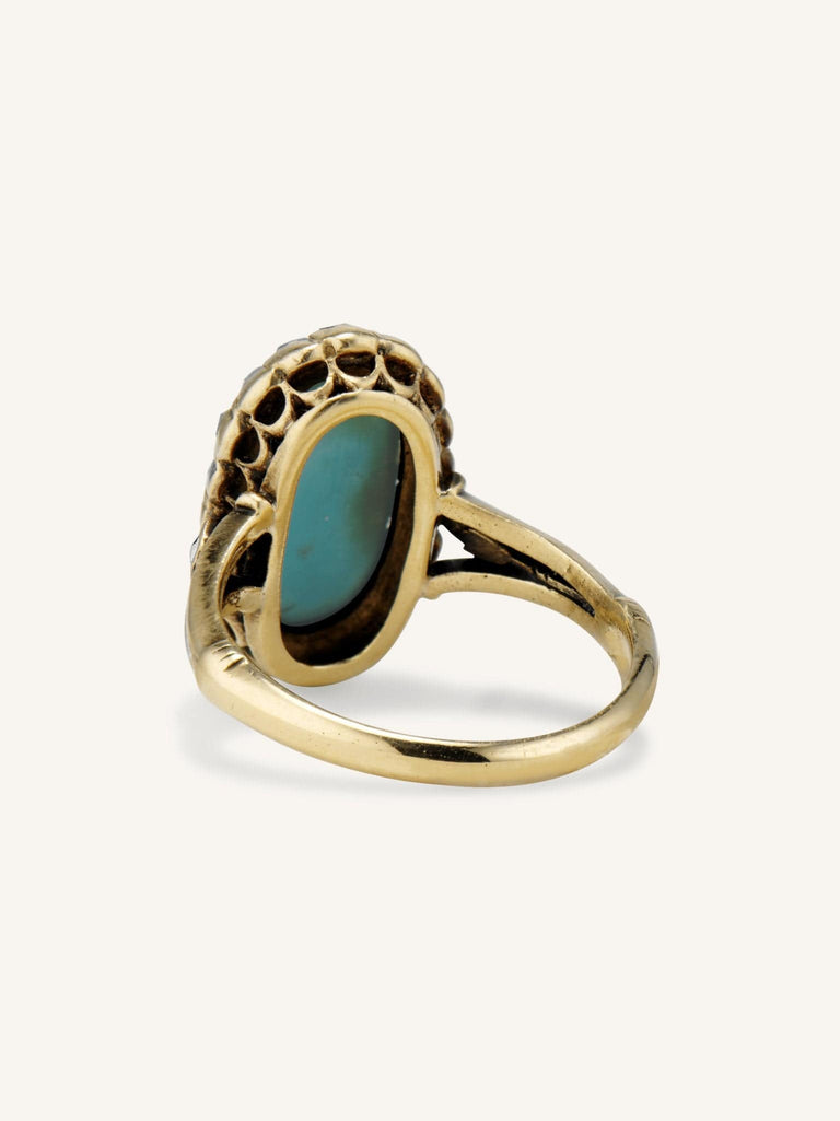Victorian Oval Cabochon Turquoise & Diamond Cluster Ring