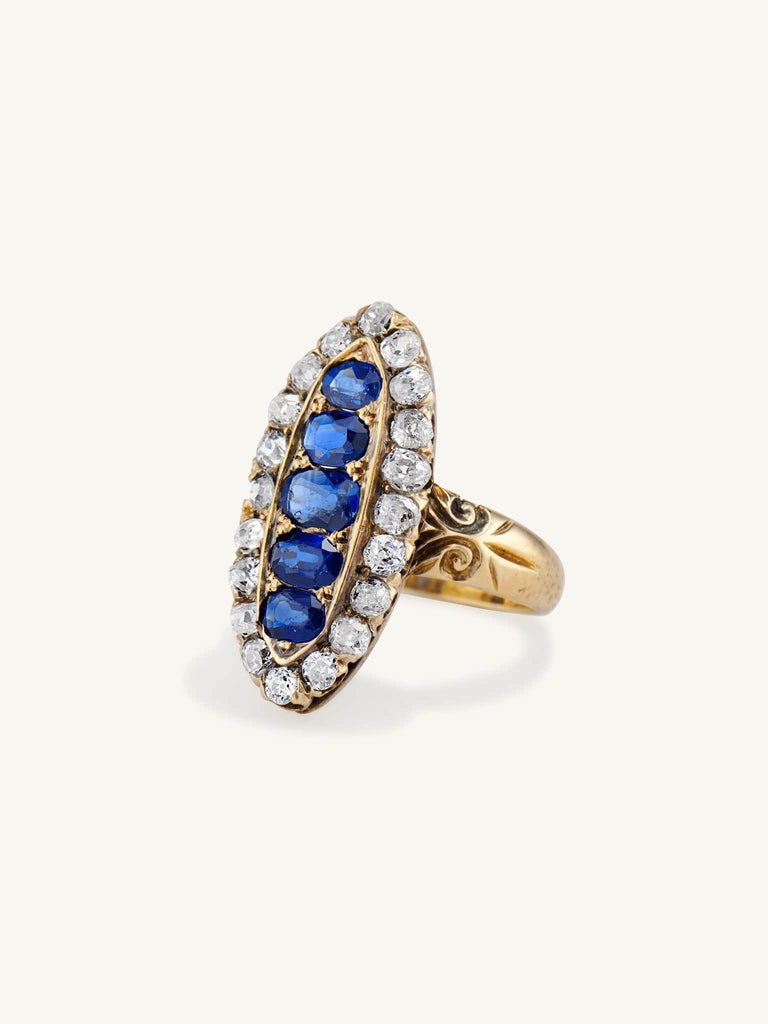 Victorian Oval Cut Sapphire & Old Mine Cut Diamond Dinner Ring