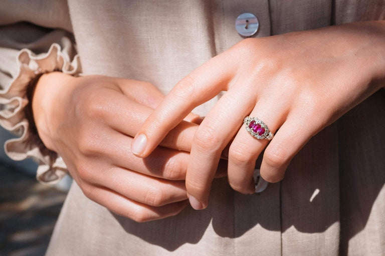 VICTORIAN RUBY AND DIAMOND THREE STONE ENGAGEMENT RING
