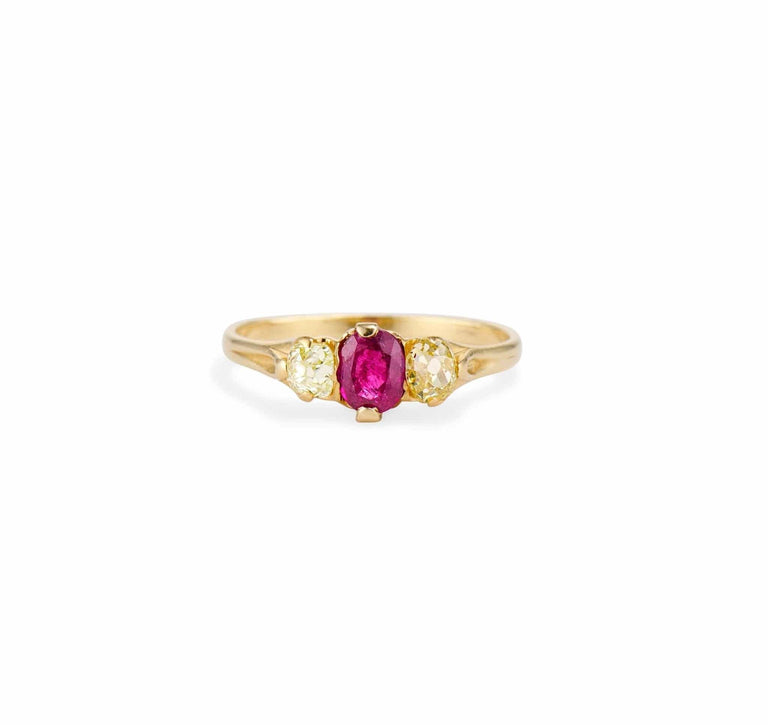 Victorian Ruby and Yellow Diamond Three-Stone Engagement Ring