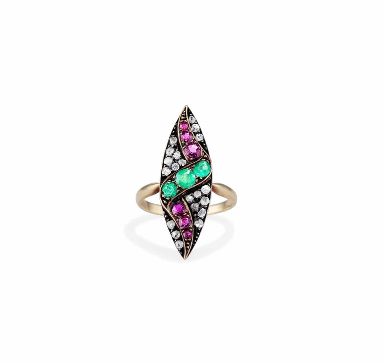 Victorian Ruby Emerald and Diamond Navette Ring
