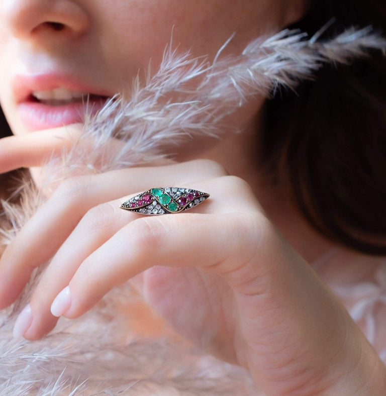 Victorian Ruby Emerald and Diamond Navette Ring