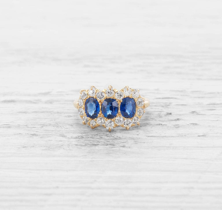 VICTORIAN SAPPHIRE AND DIAMOND THREE STONE ENGAGEMENT RING