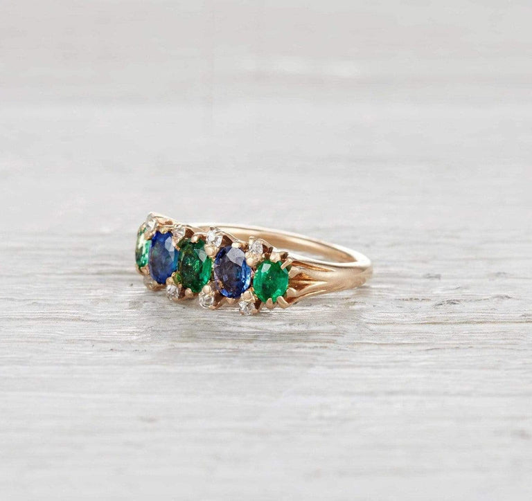 Victorian Sapphire and Emerald Five Stone Ring