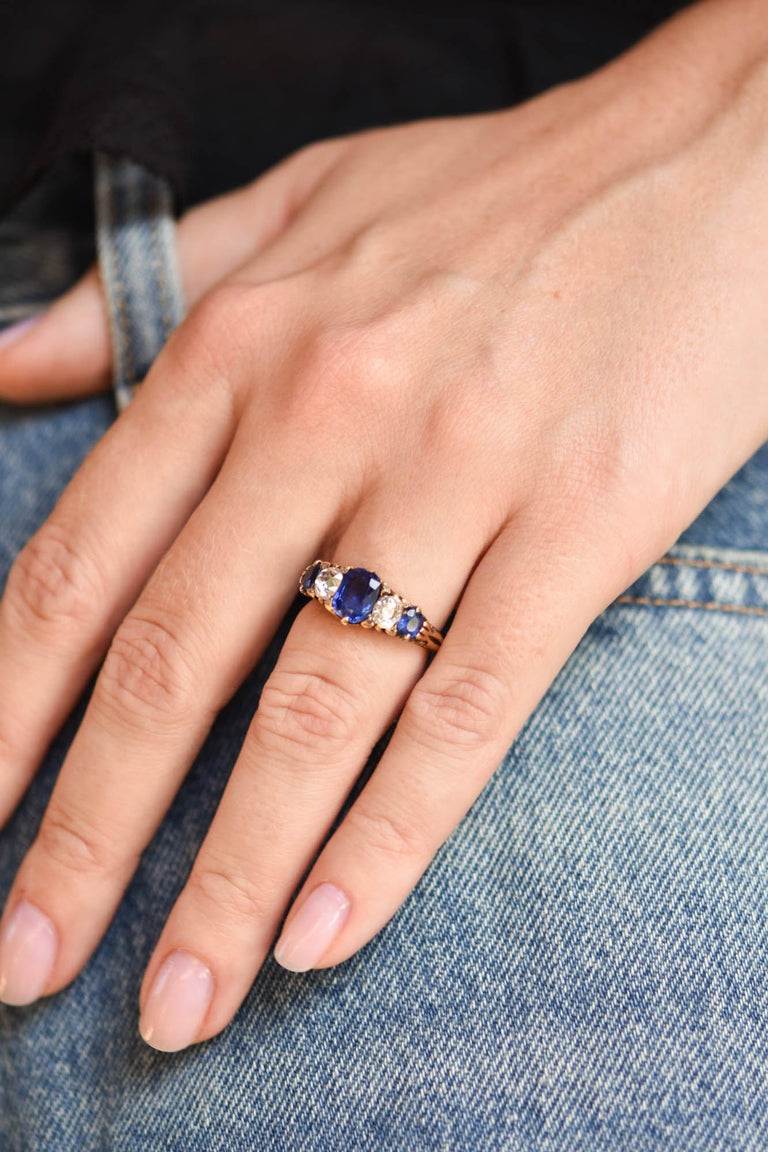 Victorian Sapphire and Old Mine Diamond Five Stone 18K Yellow Gold Ring