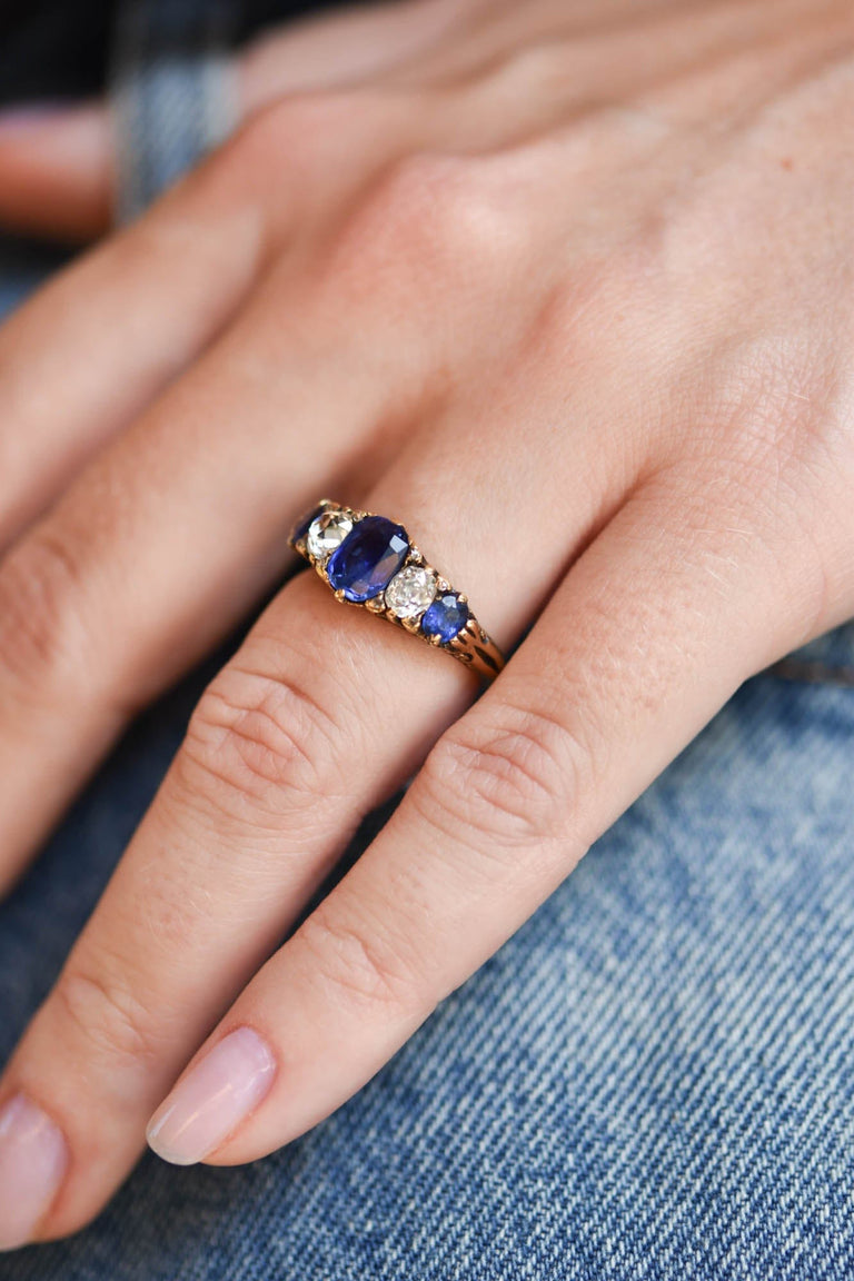 Victorian Sapphire and Old Mine Diamond Five Stone 18K Yellow Gold Ring