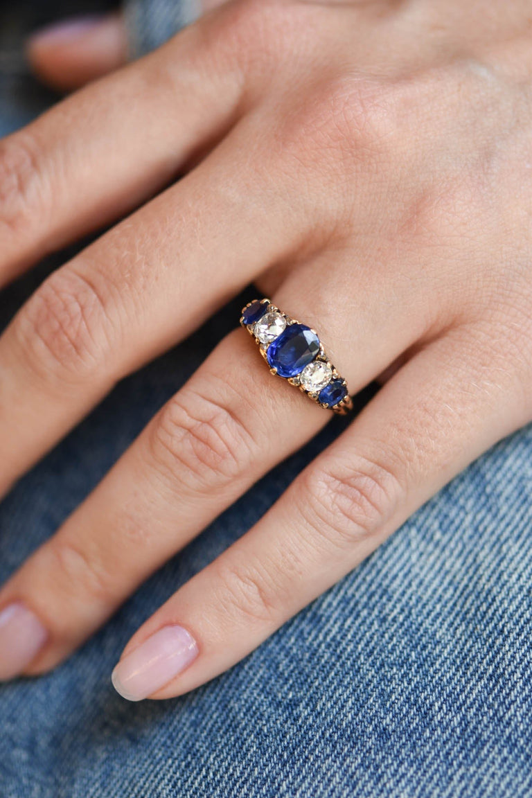 Victorian Sapphire and Old Mine Diamond Five Stone 18K Yellow Gold Ring