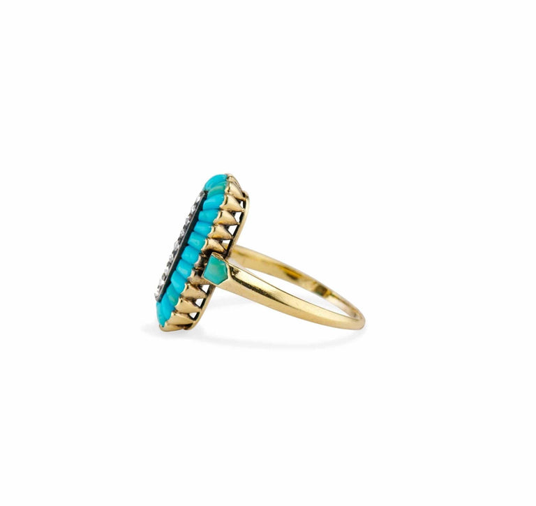 Victorian Turquoise Cabochon and Rose Cut Diamond Dinner Ring