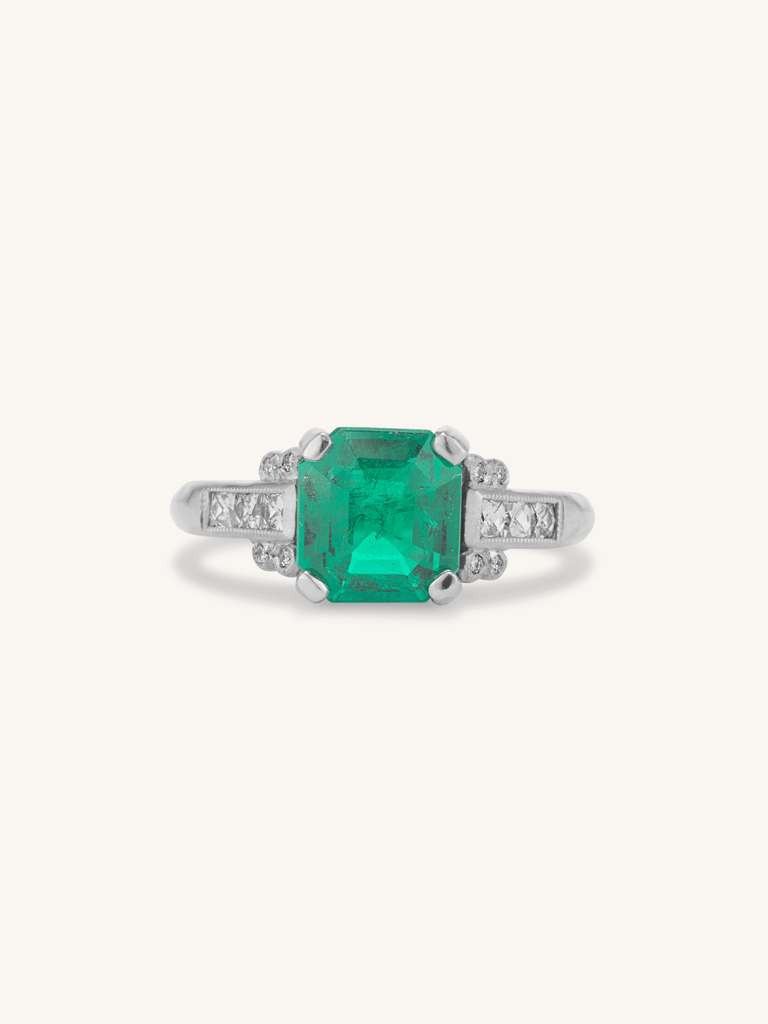 1970s 1.64 Carat Octagonal Step Cut Emerald Engagement Ring