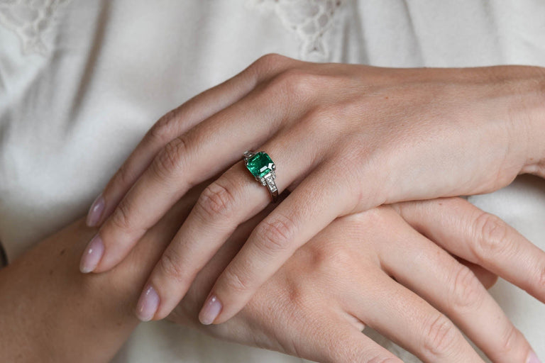 1970s 1.64 Carat Octagonal Step Cut Emerald Engagement Ring