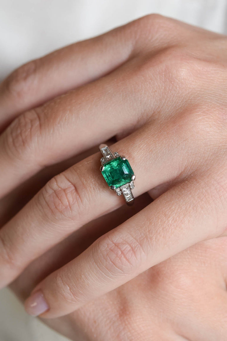 1970s 1.64 Carat Octagonal Step Cut Emerald Engagement Ring