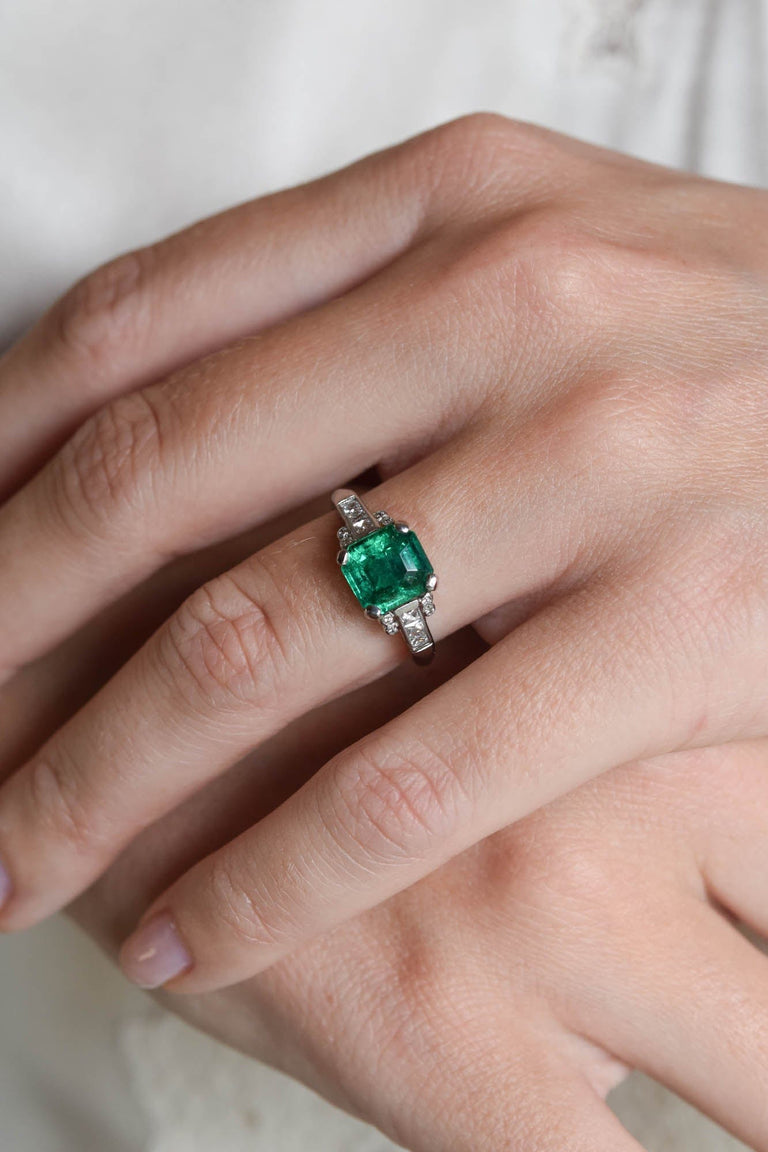 1970s 1.64 Carat Octagonal Step Cut Emerald Engagement Ring