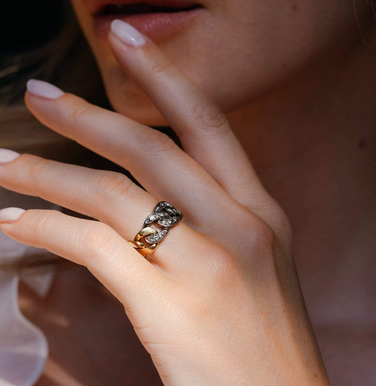 1970s Diamond &amp; Bi-Color Gold Curb Link Chain Ring