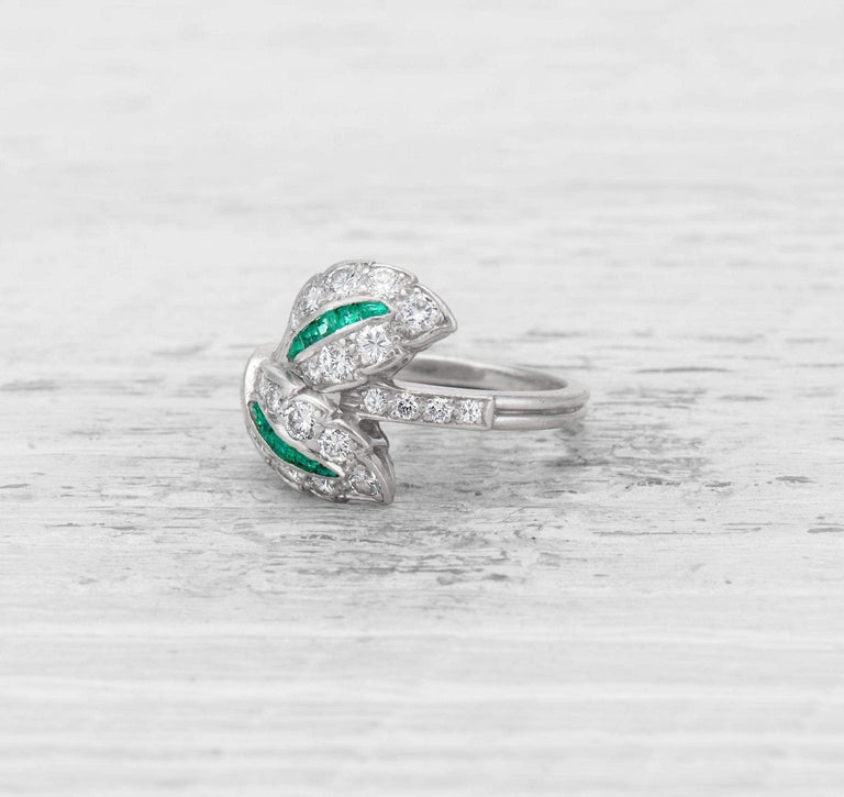 VINTAGE EMERALD AND DIAMOND LEAF RING