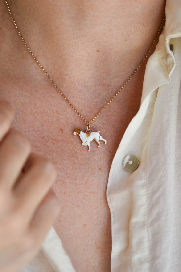 Vintage Enamel Hunting Dog 14K Gold Pendant