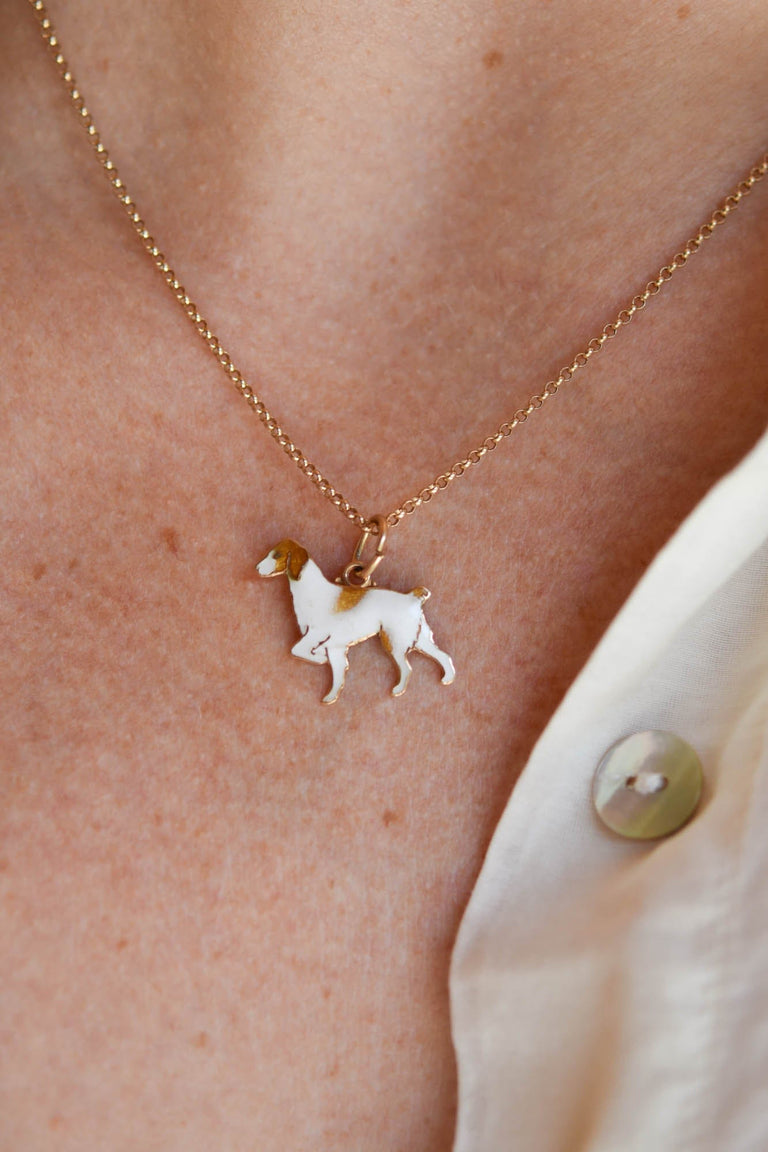 Vintage Enamel Hunting Dog 14K Gold Pendant