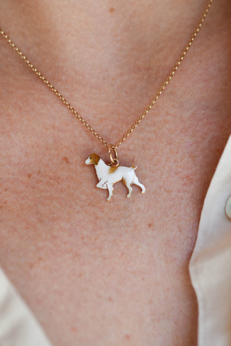 Vintage Enamel Hunting Dog 14K Gold Pendant