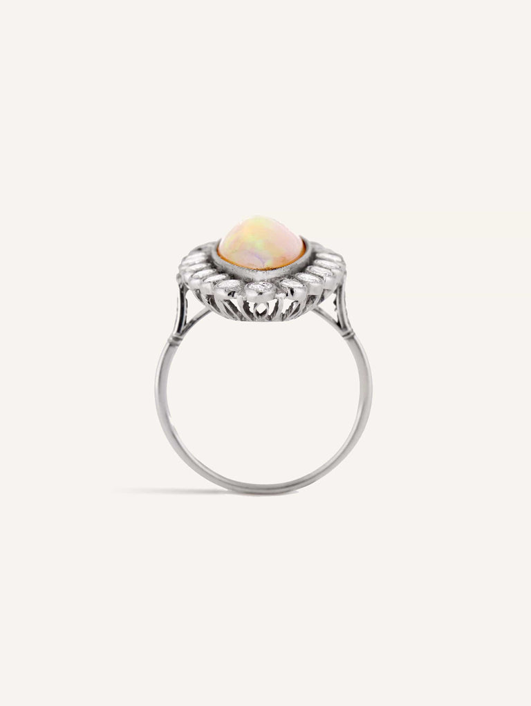 Vintage Mid Century Cabochon Opal & Diamond Cluster Dinner Ring