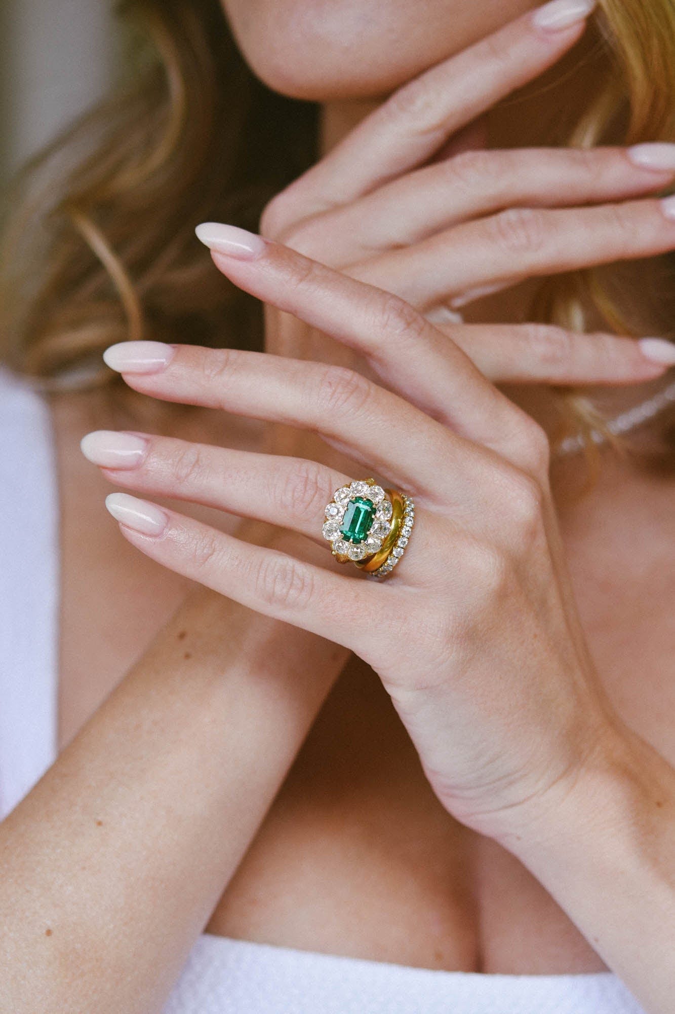 Art Deco Three Stone Old European Cut Diamond and Emerald Engagement R – Vintage  Diamond Ring