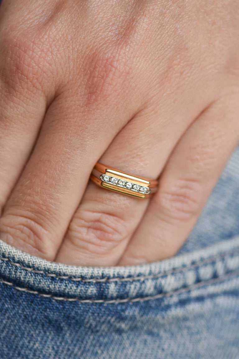 Cartier 1970's 18k Gold Modernist Two-Tone Diamond Channel Vintage Band