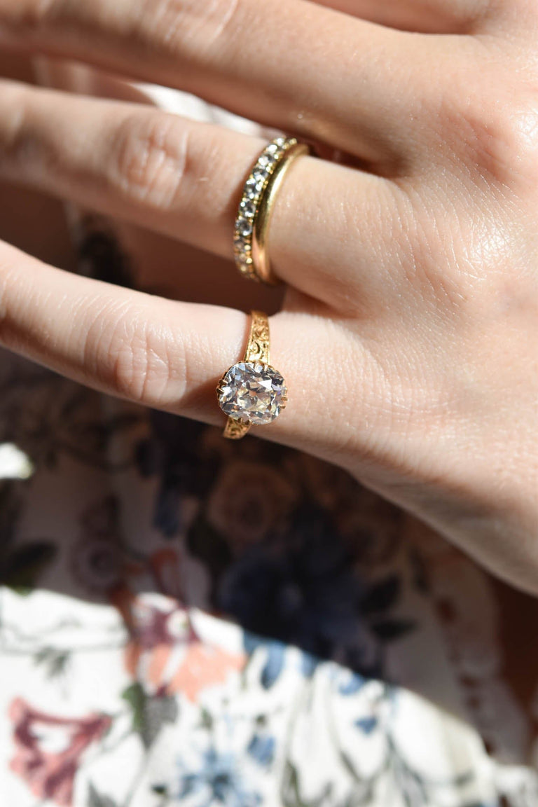 Victorian 2.35 Carat Old Mine Cut Diamond 20k Gold Engraved Solitaire Antique Engagement Ring