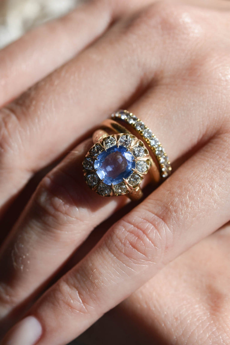 Victorian 3.16 Carat Burmese Sapphire & Diamond Cluster Engraved Antique Engagement Ring
