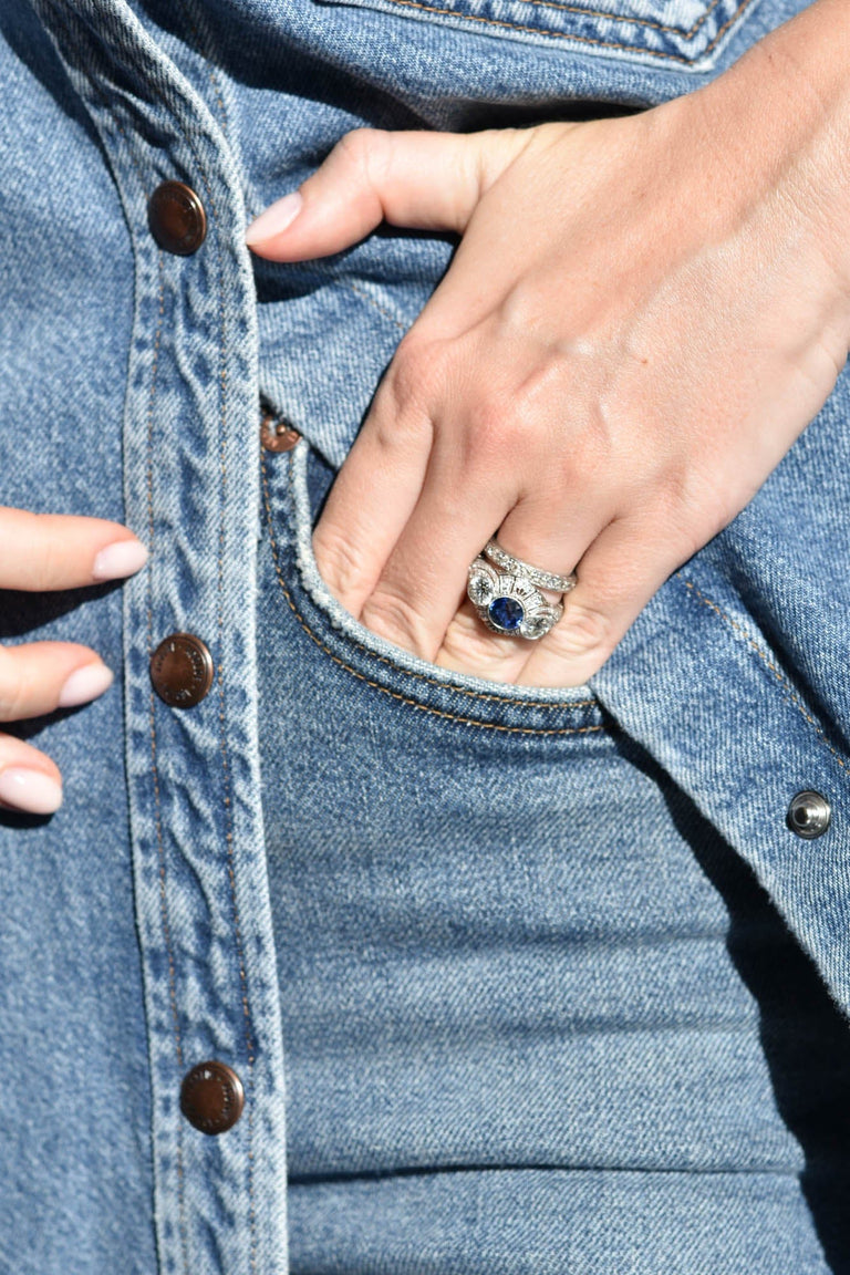 Bailey Banks & Biddle Art Deco Diamond & Sapphire Three Stone Vintage Engagement Ring