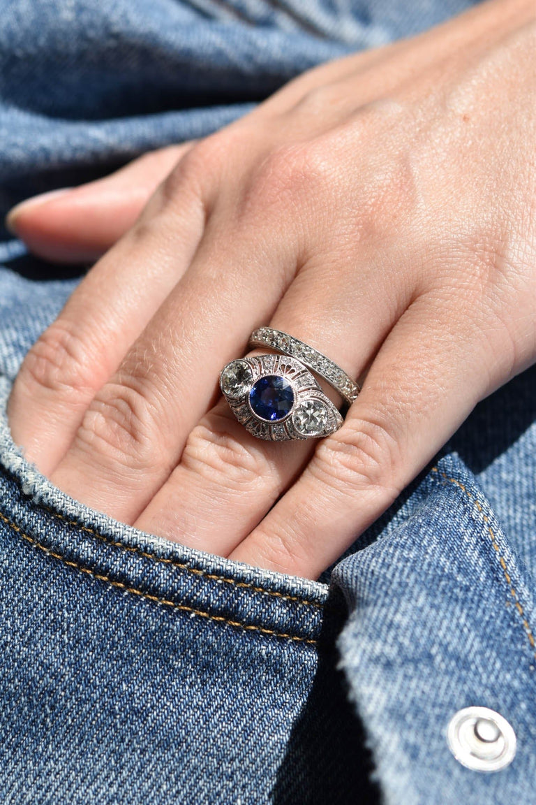 Bailey Banks & Biddle Art Deco Diamond & Sapphire Three Stone Vintage Engagement Ring