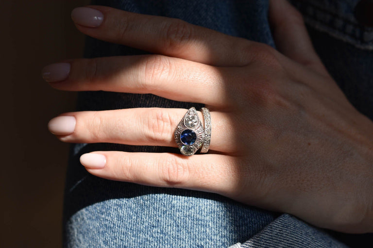 Bailey Banks & Biddle Art Deco Diamond & Sapphire Three Stone Vintage Engagement Ring
