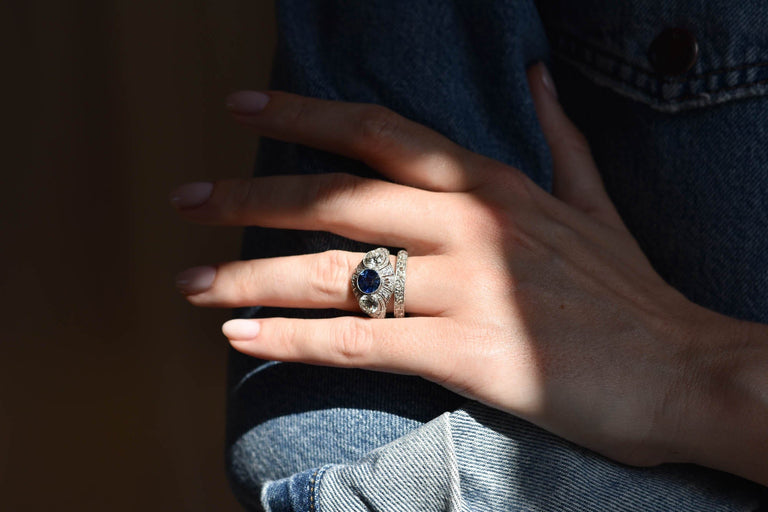 Bailey Banks & Biddle Art Deco Diamond & Sapphire Three Stone Vintage Engagement Ring