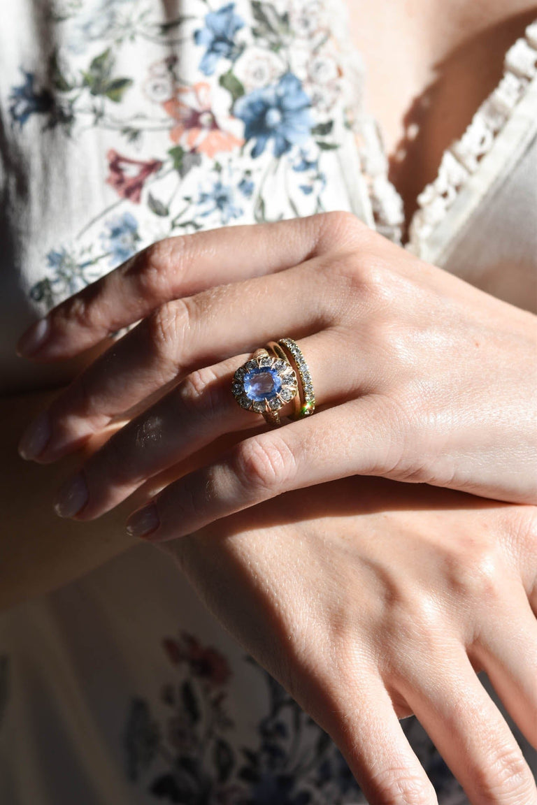 Victorian 3.16 Carat Burmese Sapphire & Diamond Cluster Engraved Antique Engagement Ring