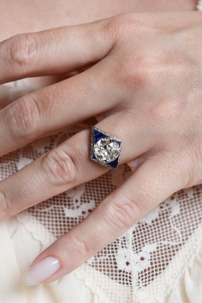French Art Deco 3.00 Carat Old European Cut Diamond & Sapphire Vintage Engagement Ring