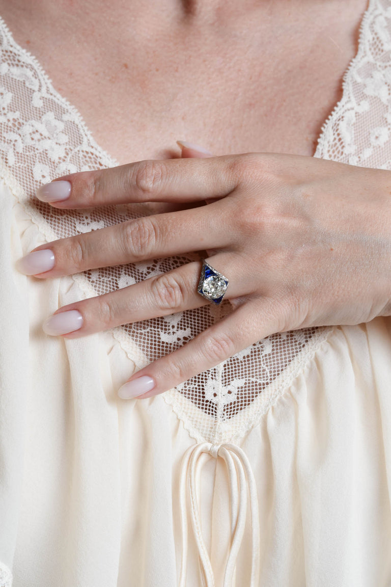 French Art Deco 3.00 Carat Old European Cut Diamond & Sapphire Vintage Engagement Ring